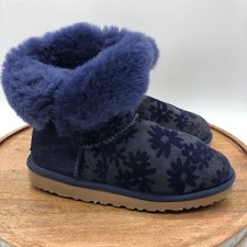 Ugg Bailey Girls Button Flowers Boots Navy Blue Suede Floral 1016950K Size 4