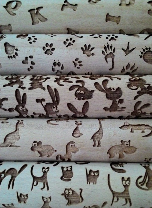 Wooden Rolling Pins Laser Cut Set 5 pcs Alphabet Animals Cats Footprints Rabbits
