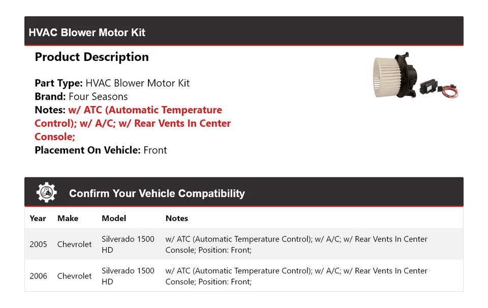 For 2005-2006 Chevrolet Silverado 1500 HD HVAC Blower Motor Kit Front 4 Seasons - Image 2 of 3