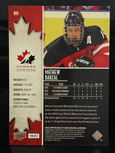 2015 Upper Deck Team Canada Juniors - 80 Mathew Barzal - Exclusives /199 - Foto 2 di 2