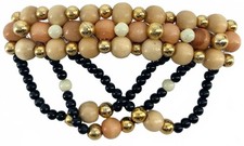 Vintage Wood Bead Boho French Barrette Neutral Gold Tone Dangle Hair Clip