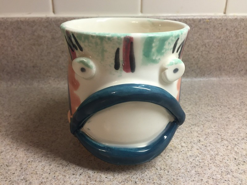 Studio Art Pottery Figural Fish Face Fin Handle Stoneware Coffee Mug SIGNED