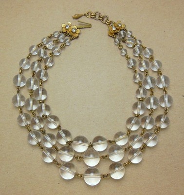 Early Vintage Art Deco Haskell Style 3-Strand Drilled Crystal Beaded Necklace