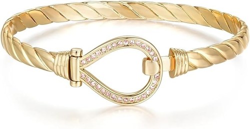 Women 9ct Gold Bangle Bracelet with Pink Stones (6mm Thick & 8 Inch Long) GF