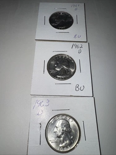 1961D, 1962D & 1963D BU Silver Washington Quarters