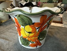 Vintage 1950’s Italian Hand-Painted Pottery Hanging Planter With Original Chain