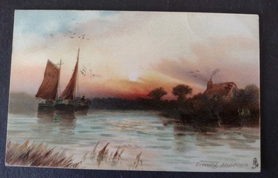 Vintage Biesen Kunst Postkarte, mit Segelbooten, Sonnenuntergängen, Abendschatten