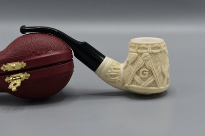 Ornate Masonic Emblem  Volcano Pipe  new-block Meerschaum Handmade W Case#687