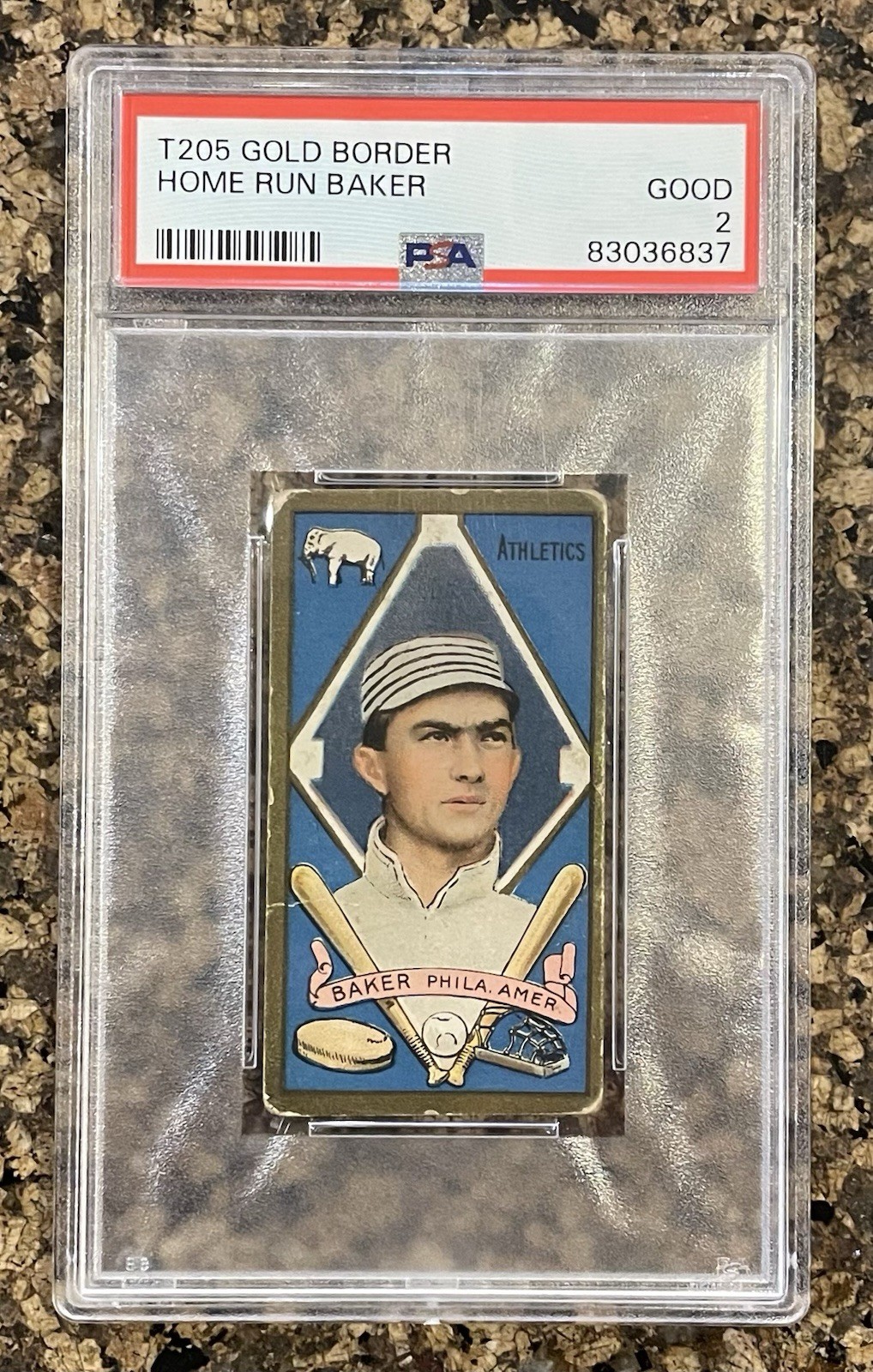 1911 T205 Gold Border, Frank Home Run Baker, Philadelphia Athletics, HOF, PSA 2