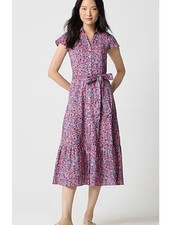 J. Crew Printed Tie Waist Tiered Midi Shirt Dress Size 12 Blue Red Foral