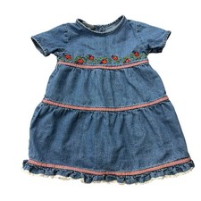 Cotton Resources Toddler Girls Dress 4T Denim Jean Lady Bugs Ruffle 90s Vintage