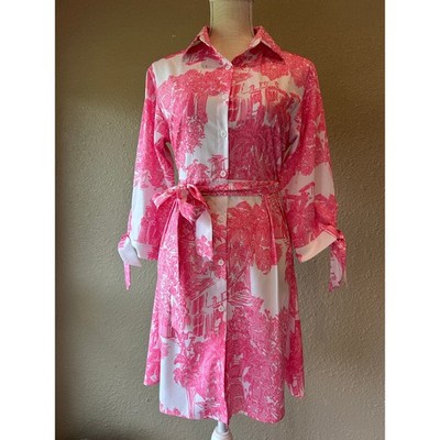 Womens Pink White Toile Print Shirt Dress Large Belted Button Front Tie Sleeve | eBay Womens Pink White Toile Print Shirt Dress Large Belted Button Front Tie Sleeve | eBay