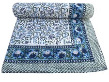 Boho Kantha Quilt Hand Block Floral Print Bedspread Boho Throw King Blue
