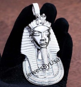 Authentic 3ct Baguette Moissanite Men's Egyptian King Charm Pendant 14k White Gold Plated