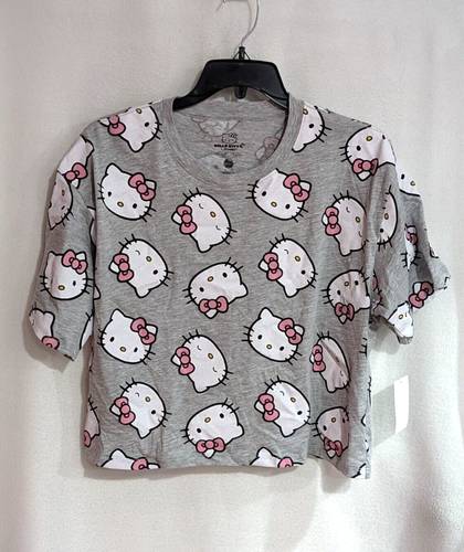 Hello Kitty (Sanrio) Junior's Grey Heather Face Print Loose Crop Top - Size S/M - Picture 1 of 2