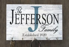 Family Name Sign KEY HOLDER OR LEASH HOOK Wall Art For Wedding Gift Or Family De