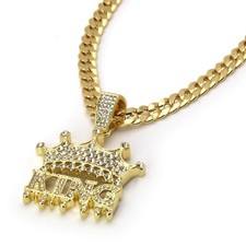 Mens 14k Gold Plated Hip Hop KING Pendant Cubic-Zirconia Cuban Chain 24" 30"