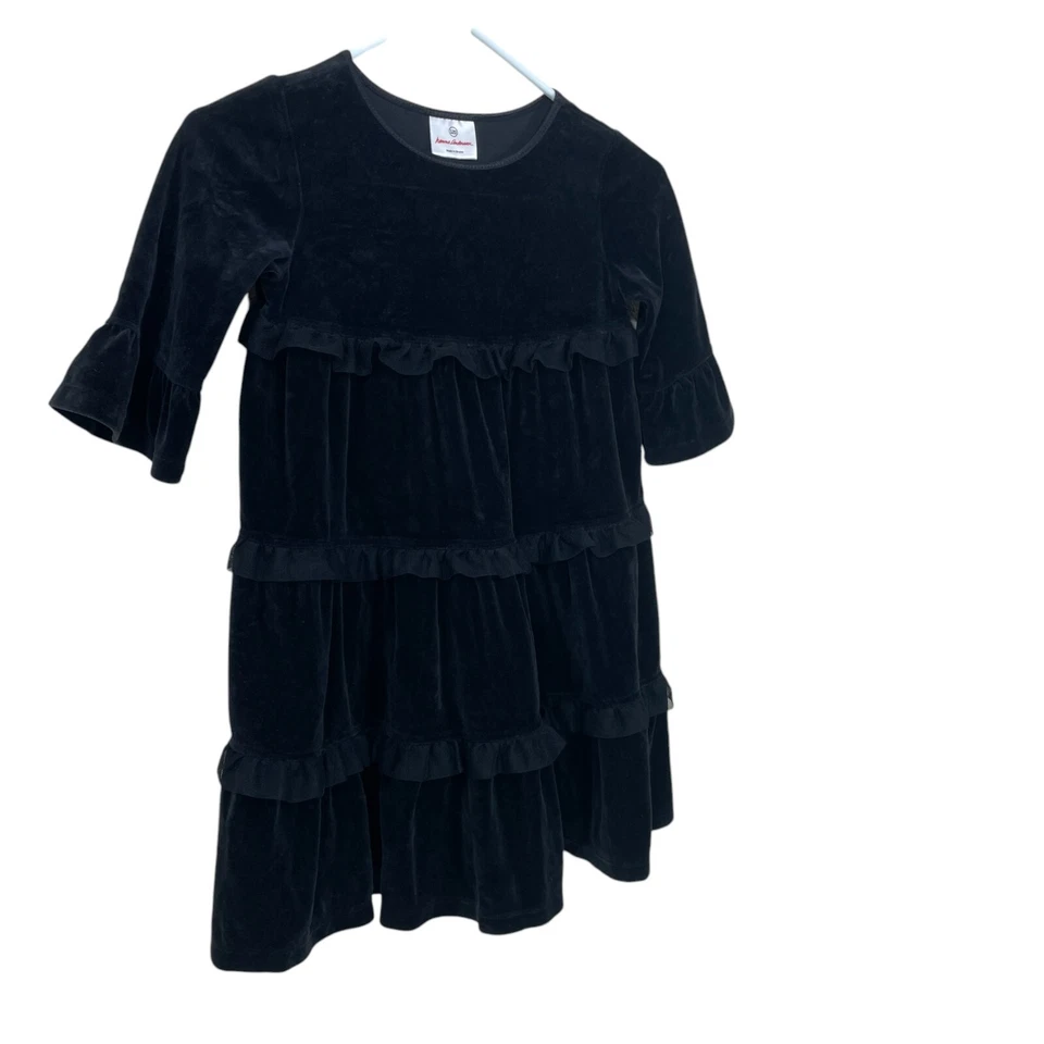 Vestido Hanna Andersson Niñas 120 (6-7) Terciopelo Volantes Negro En Niveles Vacaciones Foto 4 de 4