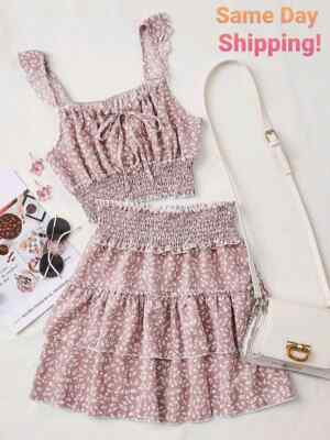 2 Pc Set Ruffled Layers Tiered Skirt Crop Top Pink Floral XS Same Day Shipping!