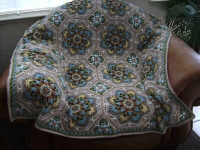 NEW HAND CROCHET BEIGE BLUE MULTI COLOR OCTAGON TILES AFGHAN LAP BLANKET  THROW