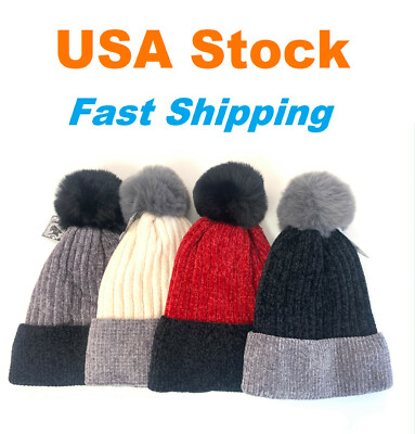 Fur Pom Beanie, Stretch Beanie Hat 