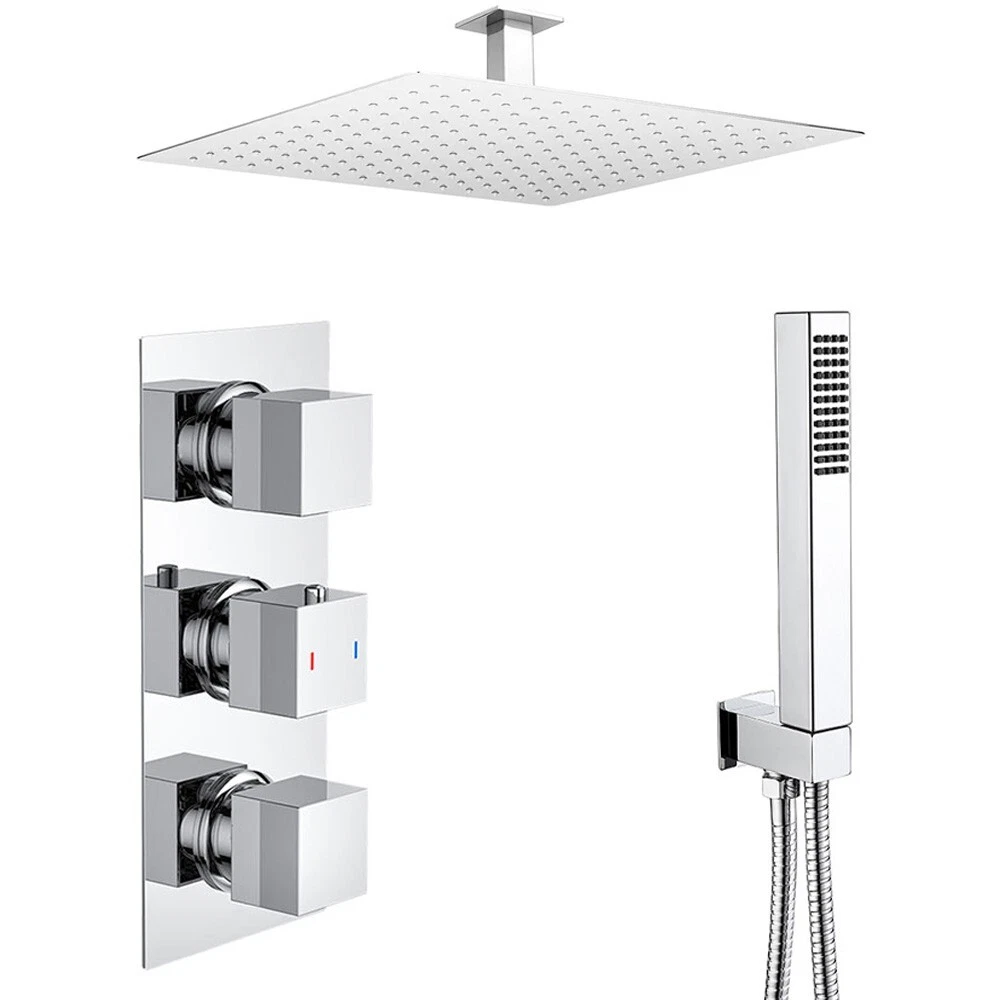 Chrome Square Triple Concealed Thermostatic Shower Mixer Kit - 2 Outlet Diverter