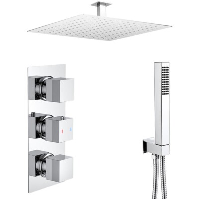 Chrom Quadrat Dreifach Unterputz Thermostat Brausebatterie Set - 2 Ausgänge Umsteller