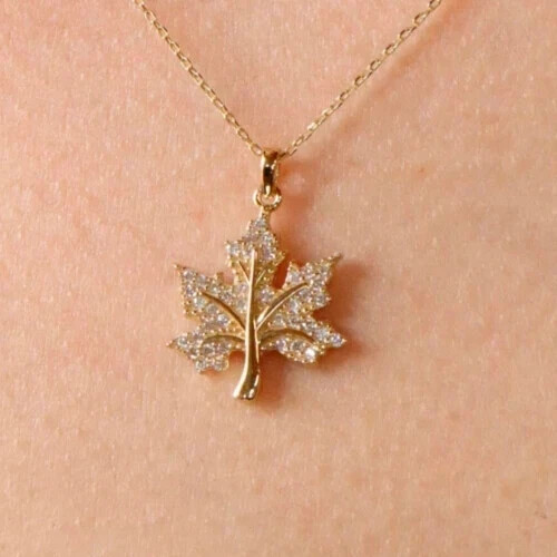 1.00Ct Round Cut Real Moissanite Maple leaf Pendant 14k Yellow Gold Plated - Picture 2 of 6