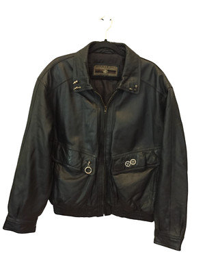 Members Only Bomber Jacket Men L Black Leather Full Zip Moto Cafe Racer Vintage