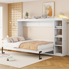 Full Size Wooden Murphy Wall Bed with 4 Tier Bookshelf for Small Space-White