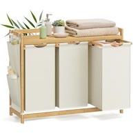 Songmics WäSchekorb 3 FäCher, Bambus, WäSchesammler 150 L, WäSchesortierer, Mit