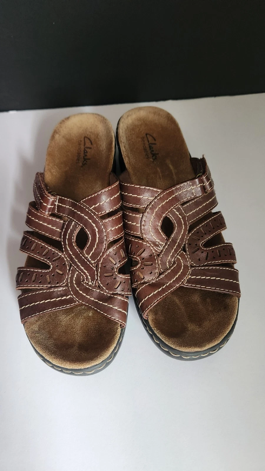 Sandali Clarks pieghevoli donna taglia 8 1 2 M pelle marrone slide regolabili