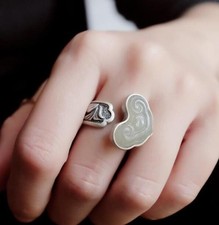 White Jade Carved Ruyi Ring Silver Ring Carved Pattern Adjustable Jewelry