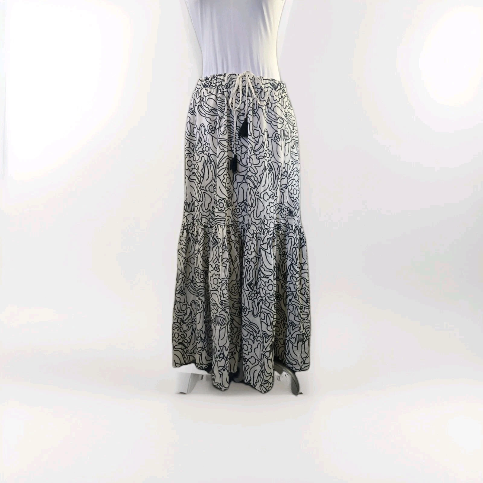 Marine Layer Mexican Fold Art Embroidered Skirt Tencel/ Linen Skirt Medium
