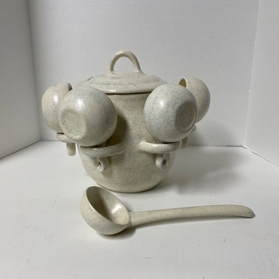 VIntage Pottery Soup Tureen With Cups And Ladle   Speckled Cream