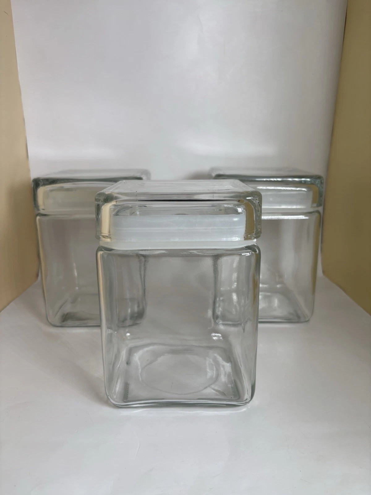 Set 3 Clear Glass Storage Jars Square Airtight Kitchen Canisters Lids