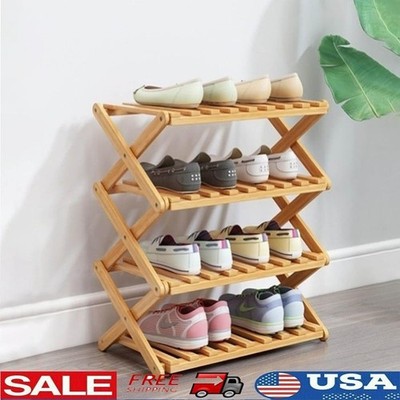 Foldable 4-Tier Bamboo Shoe Rack Storage Organizer Space Saving Home Decor New