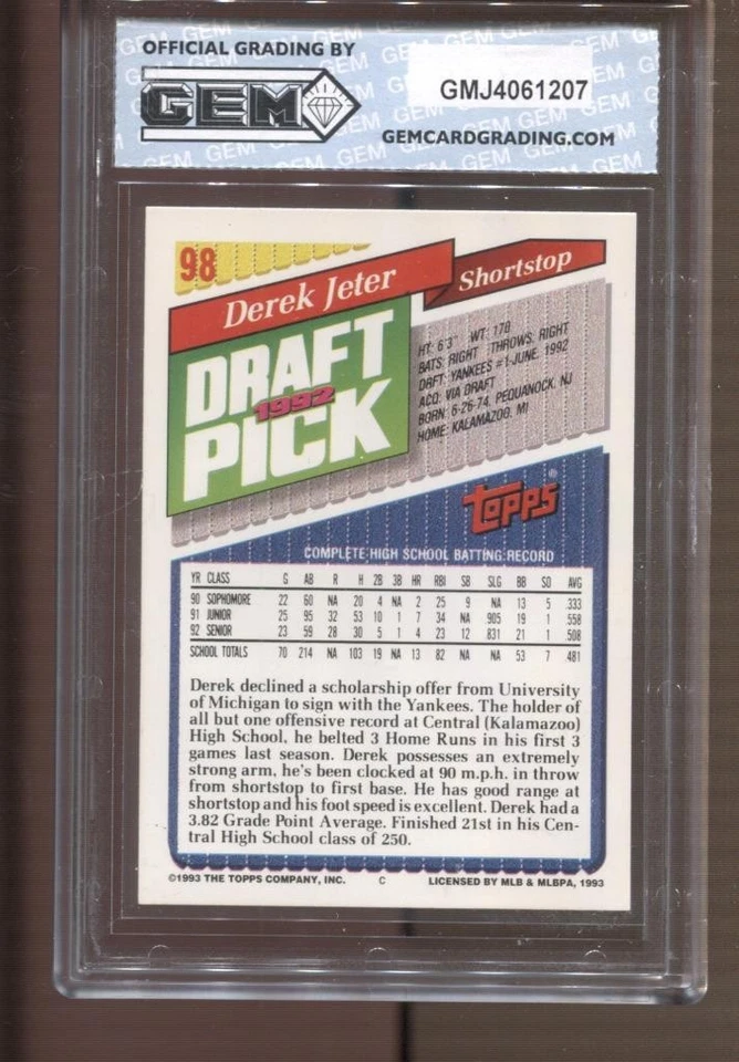 1993 Derek Jeter Topps #98 Gem Mint 10 RC Rookie New York Yankees - Image 2 of 2