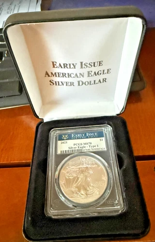 2021 $1 AMERICAN SILVER EAGLE PCGS MS70 FLAG FIRST DAY OF ISSUE LABEL TYPE 1