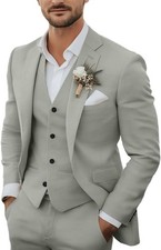 Tiefony 3 Piece Suit for Men Slim Fit Wedding Suits Elegant Linen Jacket Single