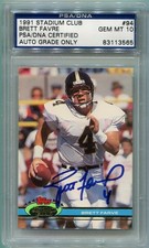 Brett Favre Signed Football Rookie Card 1991 Stadium Club #94 PSA DNA Auto 10 RC