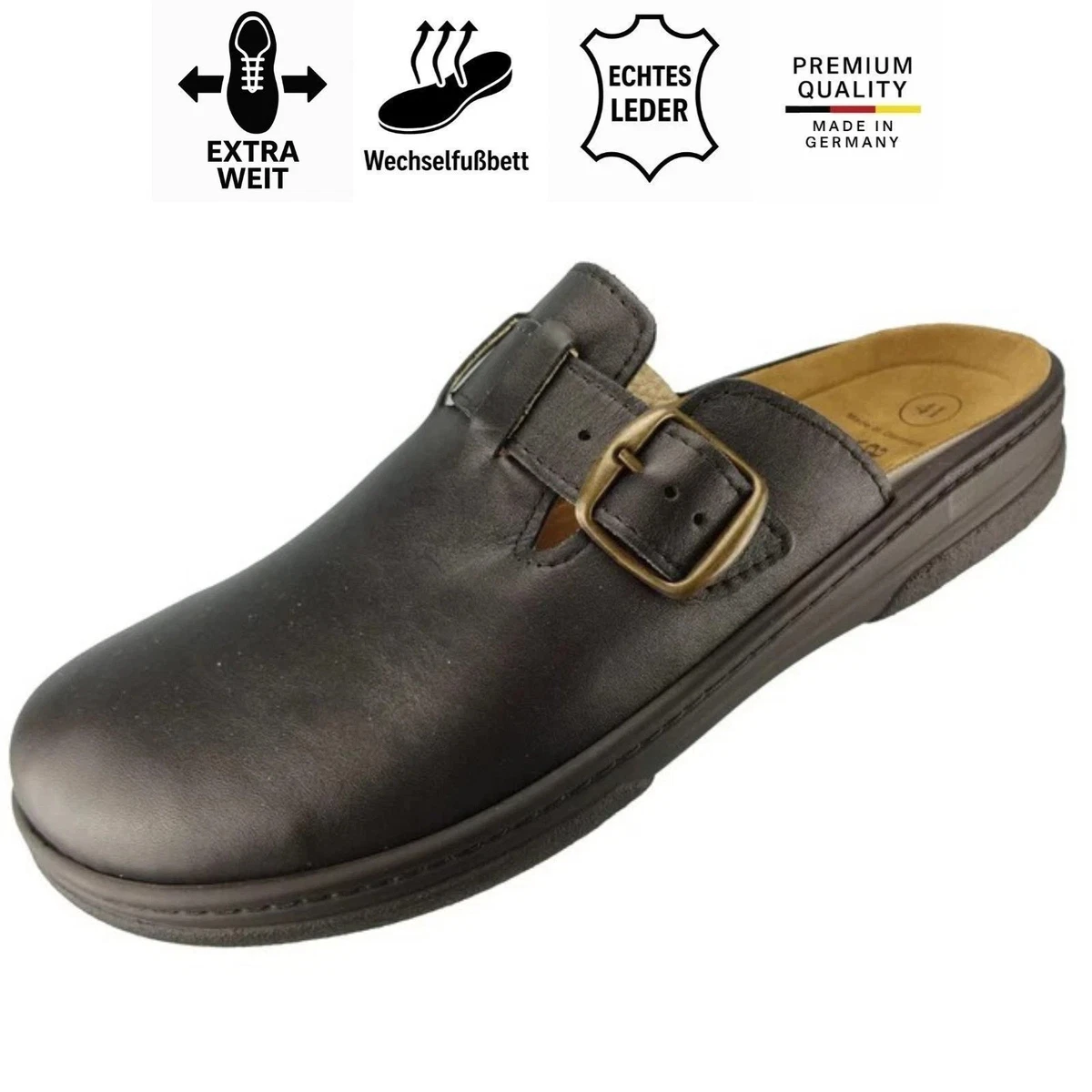 Algemare Herren Clog Leder Pantolette Hausschuh 7995 H-Weite bequem weich 40-47
