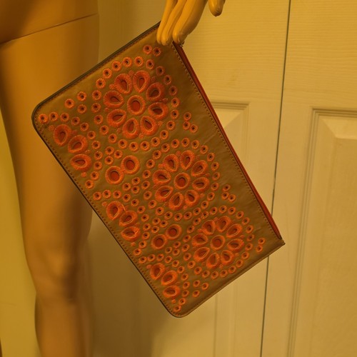 Tan Orange Embroidered Clutch Wristlet Zip Closure Geometric Silver Hardware