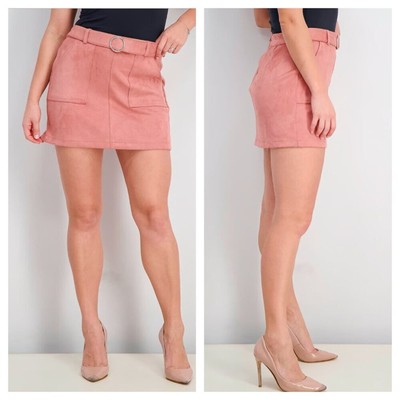 ASOS Bershka Faux Suede Utility Mini Skirt High Rise Belted Mauve Pink Women's L