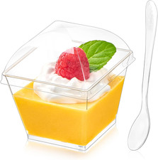 50 Pack 4 Oz Square Dessert Cups with Dome Lids and Spoons, Plastic