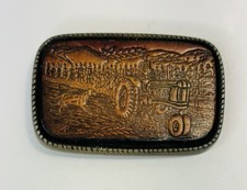Vintage Belt Buckle Tractor Farming Dog Brass And Leather Made In USA