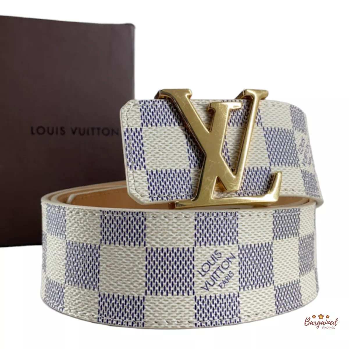 Authentic Louis Vuitton Damier Azur Canvas Leather Gold LV Initials Belt  85/34