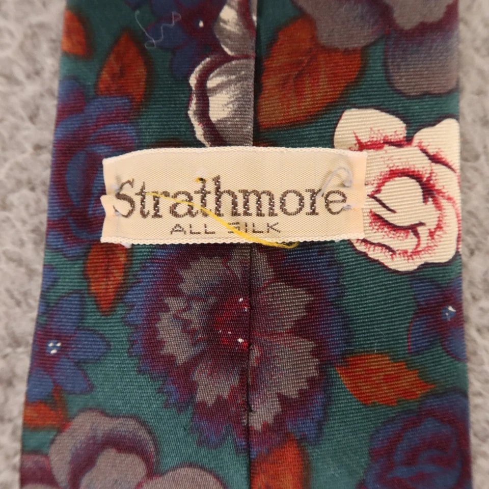 Corbata Strathmore Vintage Verde Azul Floral Seda Tejida en Italia Hecha en EE. UU. 3.5" Foto 4 de 4