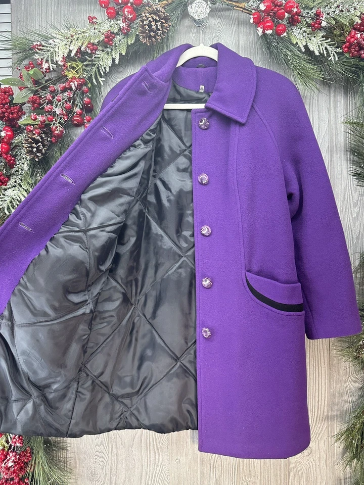 Joseph Ribkoff Trench Coat Women Size Medium Purple Black Wool Blend Vintage - Image 2 of 4
