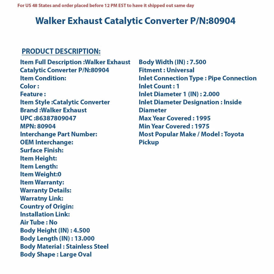 Каталитический преобразователь выхлопной системы Walker 80904 | высококачественная автозапчасть, универсальный крой - Изображение 4 из 4